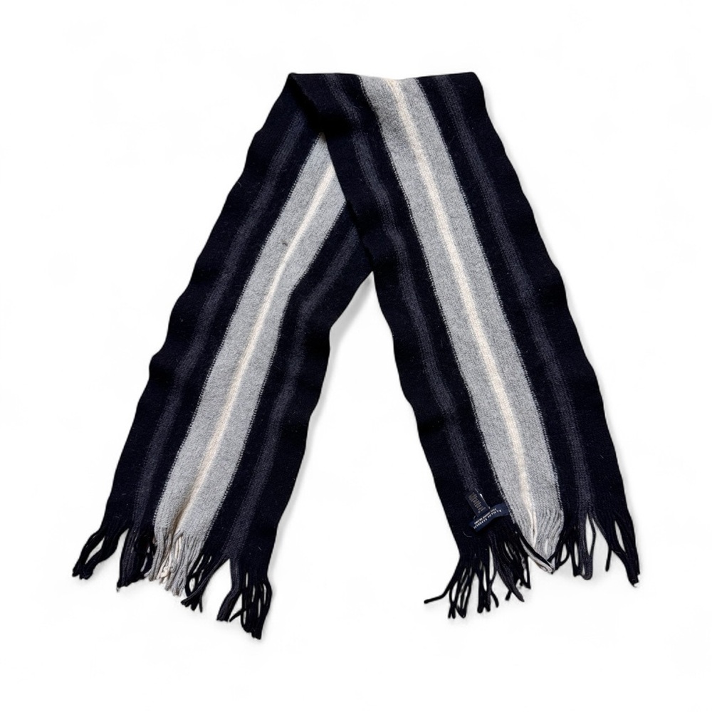 Banana Republic Merino Wool Blend Striped Fringe Scarf Black Gray Cream Unisex